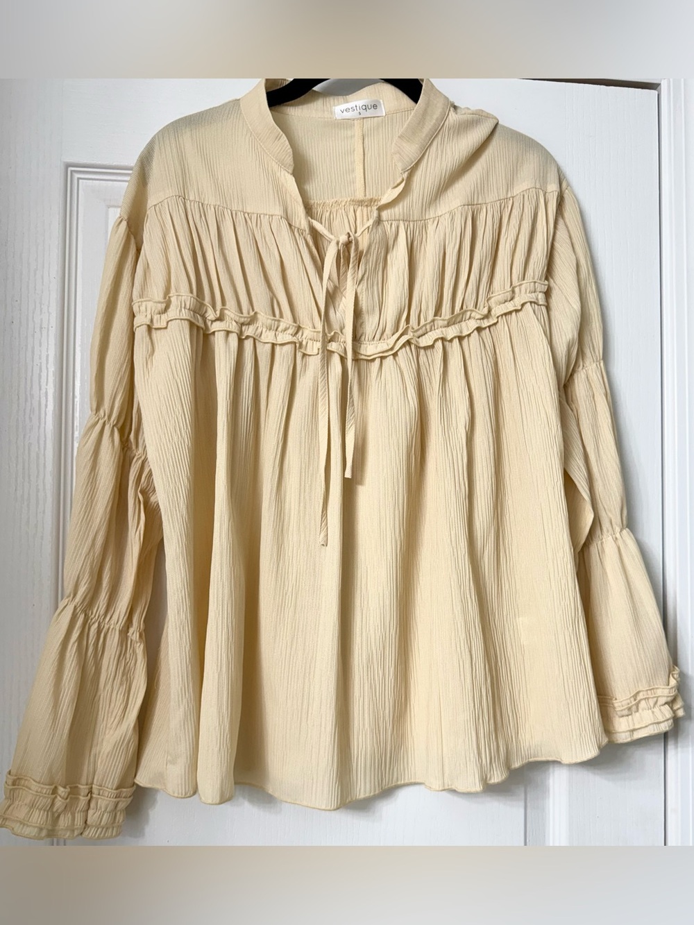 Vestique Cream Ruffle Tie-Neck Peasant Top